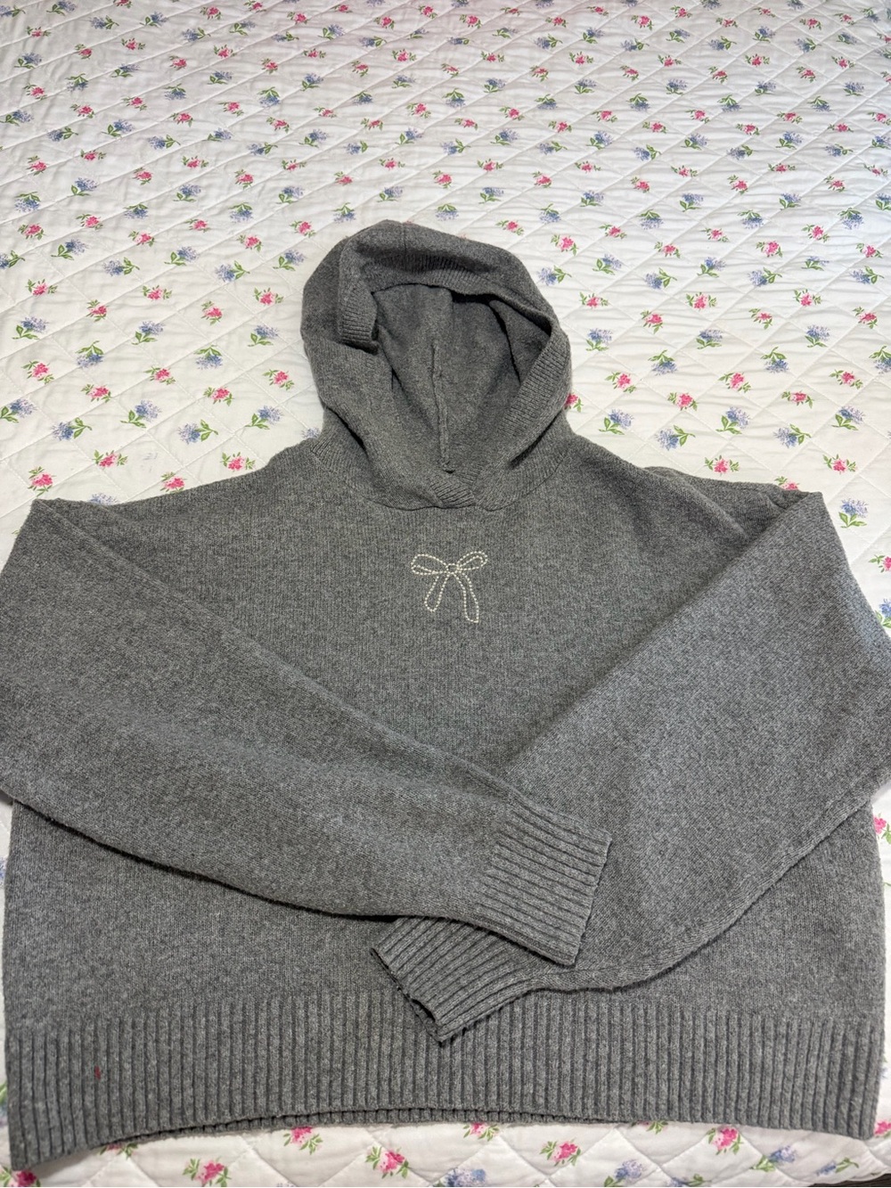 Gray Knit Hooded Sweater with Bow Detail women -small Hollister